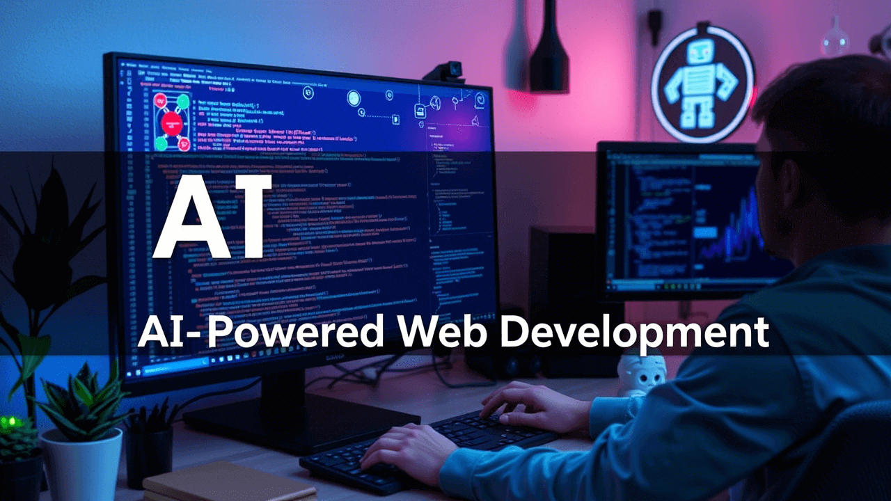 AI-powered web development transforming frontend and backend processes with futuristic interface design